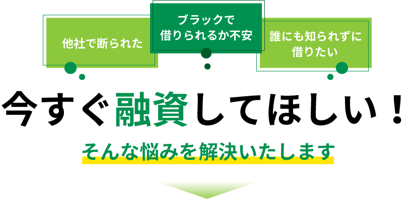 (他社で断られた)(ブラックで借りられるか不安)(誰にも知られずに借りたい)今すぐ融資してほしい！そんな悩みを解決いたします